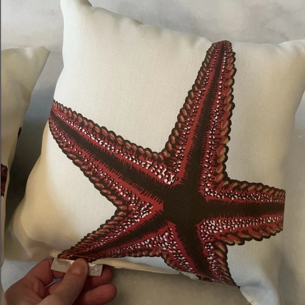 Pottery Barn Red Starfish Accent Throw Pillows Coastal Beach Decor Pair 10”